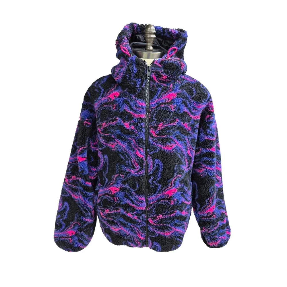 Zara Mens Swirl Print Sherpa Fleece Full‎ Zip Jacket Purple Pink Black Sz L / XL